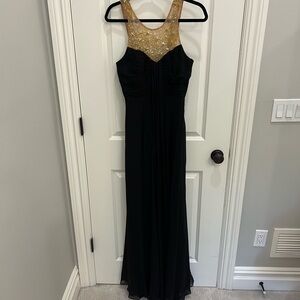 Theia Black and Gold Embellished Halter Maxi Gown